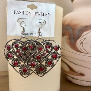 Fashion Jewelry Silver and Ruby Red Filagree Heart Earrings Pierced Dangle